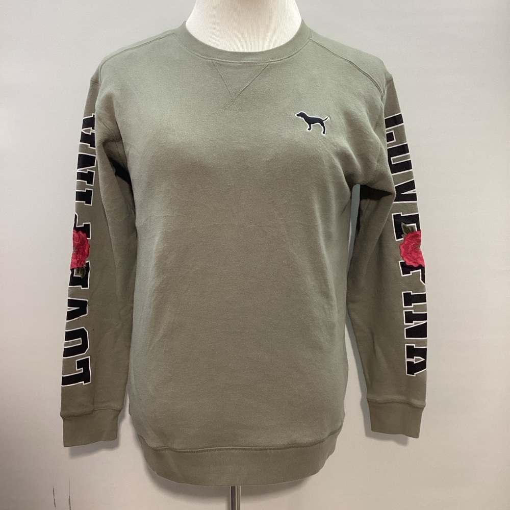 PINK Victoria's Secret Embroidered Roses Olive Crew Sweater Size S